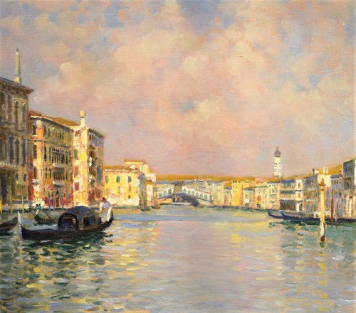 Venice, Grand Canal and Rialto Bridge - Luigi Lanza (Venice 1860-1913) - 